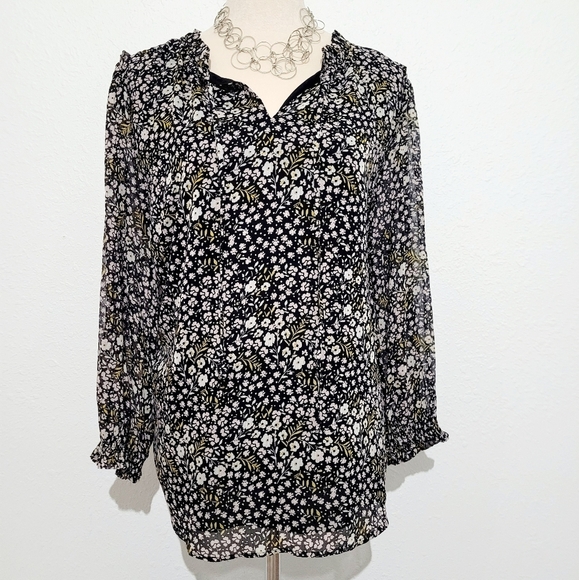 LOFT Floral Long Sleeve Ruffle Tie Neck Blouse Women's Size Large Lined Flowy - Picture 1 of 10